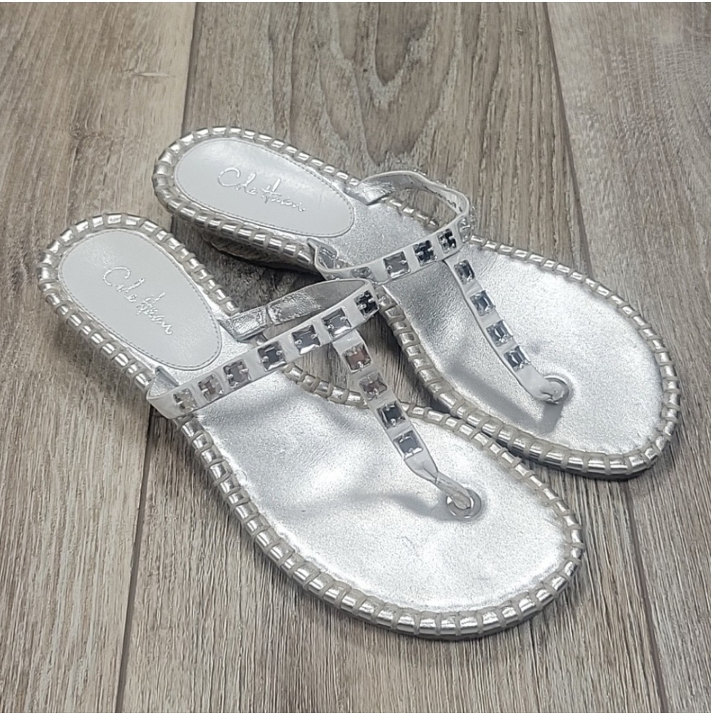 Cole Haan White and Silver Thong Sandal with Wedge Heel Size 6 1/2